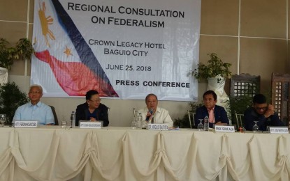 <p>PUBLIC INSIGHT ON FEDERALISM. Five members of the Constitutional Committee (ConCom) tasked to review the 1987 Constitution update journalists in a conference in Baguio on Monday (June 25, 2018) as they start a two-day public consultation on federalism. Facing the media are (from left) Commissioners Ferdinand Bocobo, Susan Ubalde-Ordinario, Dr. Virgilio Bautista, Eddie Alih, and Jose Martin Loon.<em> (Photo by Liza T. Agoot)</em></p>